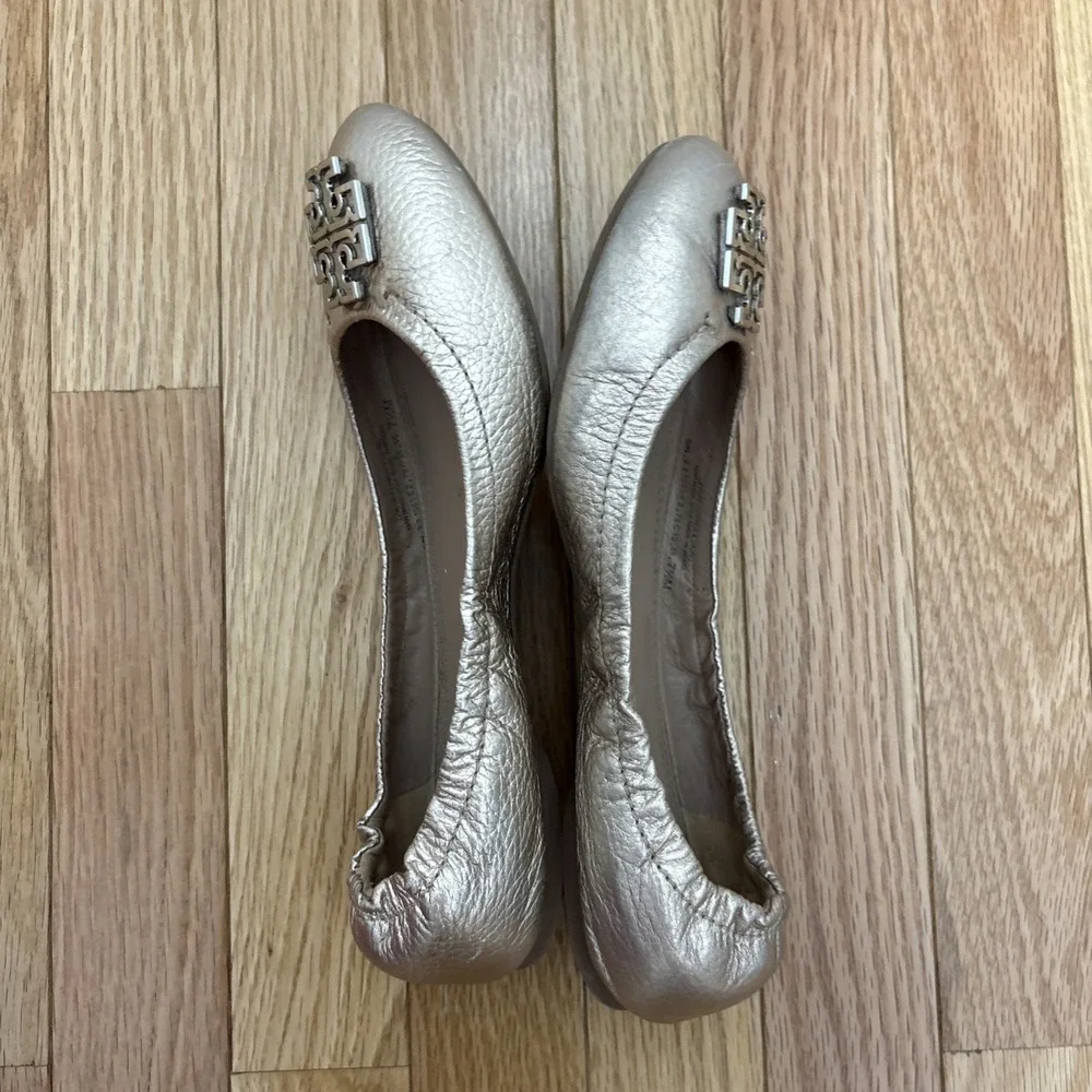 ⭐Tory Burch Minnie Travel Ballet Logo Flat‎ Gold Size 7.5